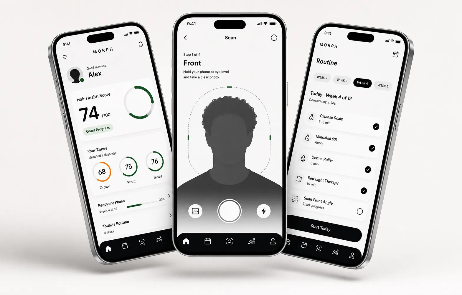 Generated Morph app hero visual with dashboard, scan, and routine phone screens