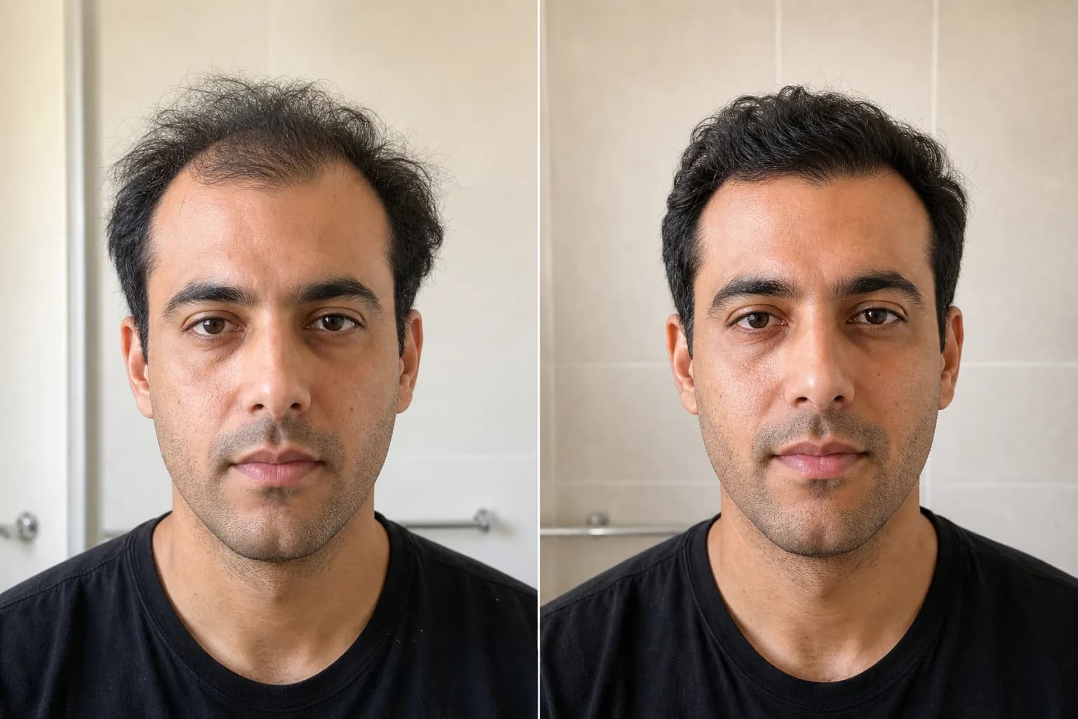 Before and after comparison showing a receding hairline with improved temple coverage over time